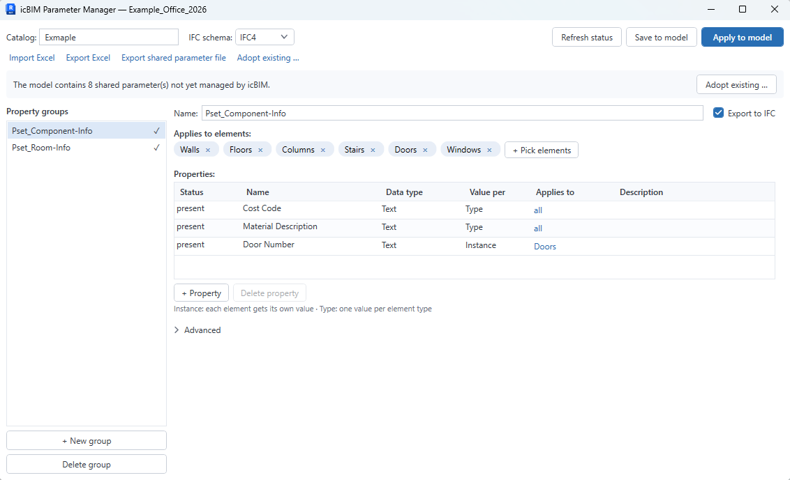 icBIM Parameter Manager: property groups with properties, Excel import/export and applying to the Revit model