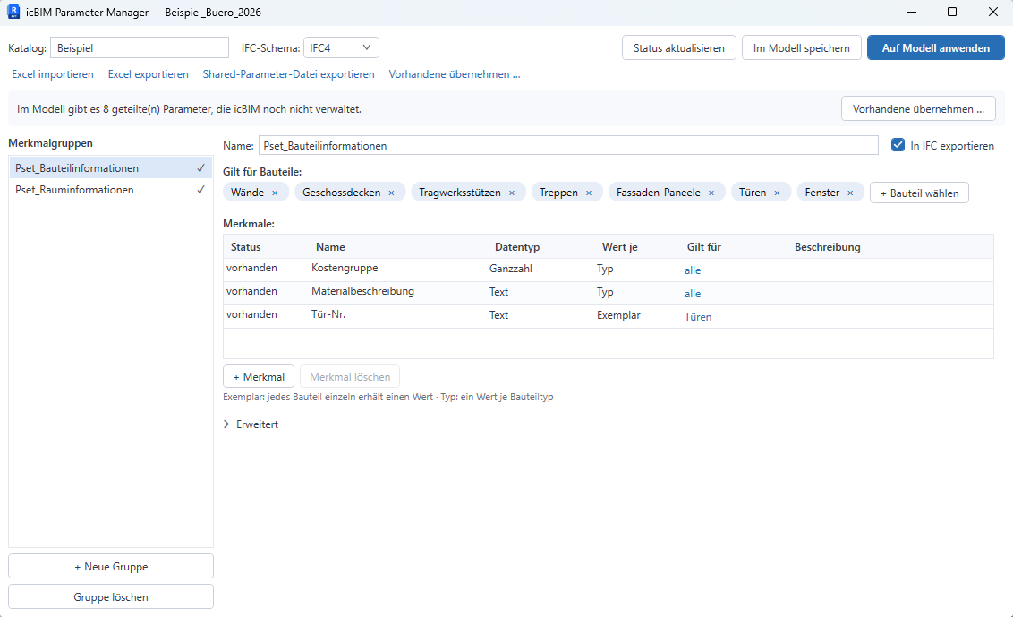 icBIM Parameter Manager: Merkmalgruppen mit Merkmalen, Excel-Import/-Export und Anwenden aufs Revit-Modell