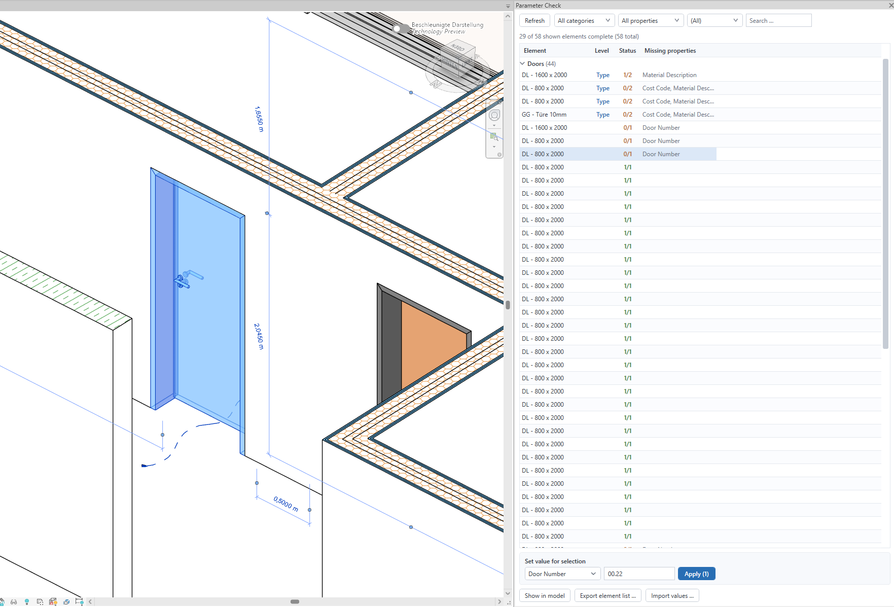 Parameter Check panel of the icBIM Parameter Manager in Revit: fill levels per element, missing properties and bulk entry