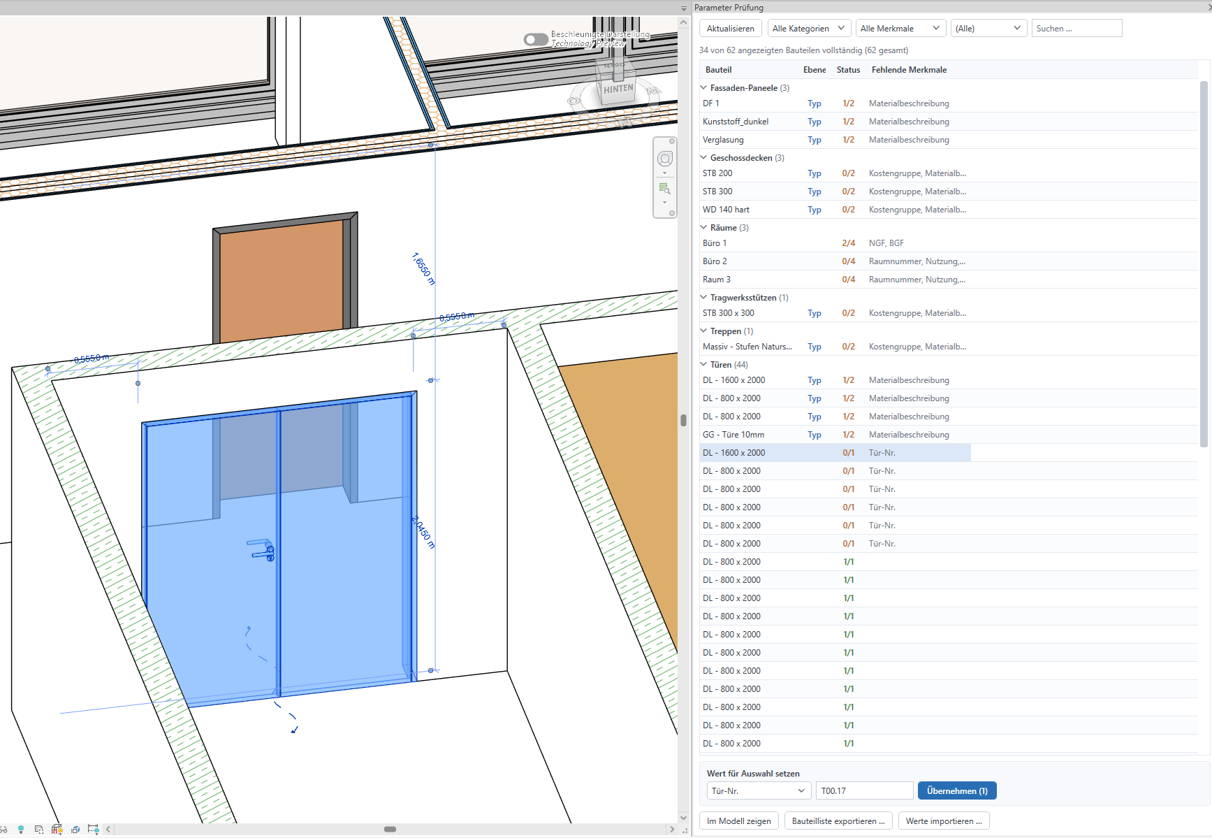 Panel Parameter Prüfung des icBIM Parameter Managers in Revit: Füllstände je Bauteil, fehlende Merkmale und Sammel-Eingabe